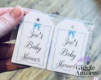 10 x Personalised Baby Shower Tags Gift Tags Thank You Tag Bow Theme Blue Favours