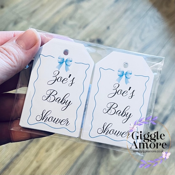 Personalised Baby Shower Favor Tags: Blue Bow Theme (Set of 10)