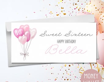 Handmade Personalised Money Wallet Gift Card Birthday Sweet Sixteen Birthday Wedding Engagement Pink