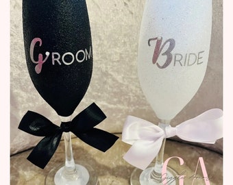 Bride And Groom Glitter Champagne Glasses Set Wedding Gift Hen Party Present