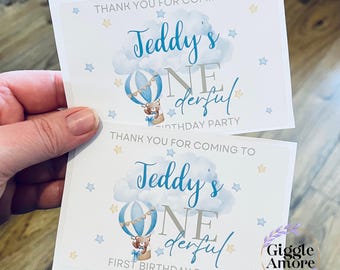 Personalised Party Box Stickers Gold White Box Bag Birthday Party Gift Favour Activity Food Teddy Bear Hot Air Balloon First Birthday
