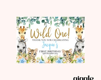 Personalised Party Jungle Safari Theme Stickers Gold White Box Bag Birthday Party Gift Favour Activity Food zebra Lion Giraffe Elephant