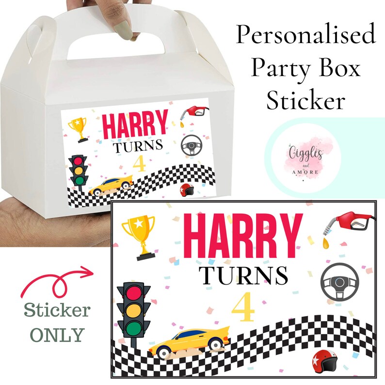 Personalised Party Racing Car Theme Stickers Gold White Box - Etsy