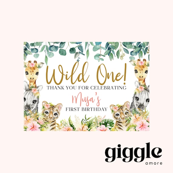 Personalised Party Jungle Safari Theme Stickers Gold White Box Bag Birthday Party Gift Favour Activity Food zebra Lion Giraffe Elephant