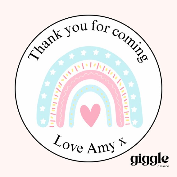 Personalised Party Stickers, Rainbow Theme, pastel Thank you for coming, Labels, Kids, Self Adhesive, Printed, Personalized, Birthday.