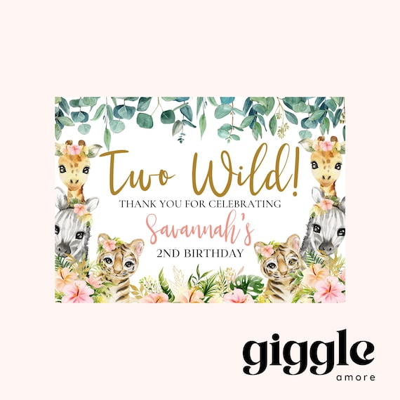 Two Wild Personalised Party Jungle Safari Theme Stickers Bag Birthday Party Gift Favour Activity Food zebra Lion Giraffe Elephant