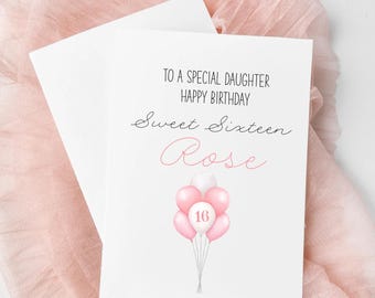 Sweet Sixteen Daughter Handmade Personalised Birthday Card Birthday Balloons Pink 5x7"