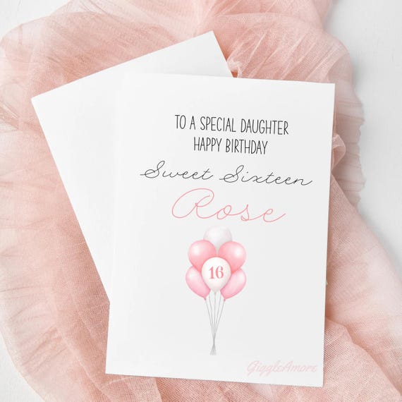 Sweet Sixteen Daughter Handmade Personalised Birthday Card Birthday Balloons Pink 5x7"