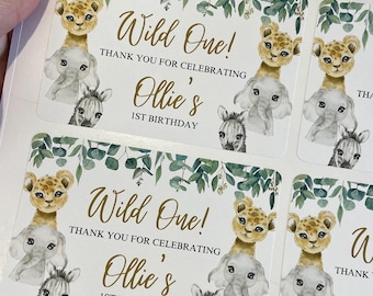 Personalised Party Jungle Safari Theme Stickers Gold White Box Bag Birthday Party Gift Favour Activity Food zebra Lion Giraffe Elephant