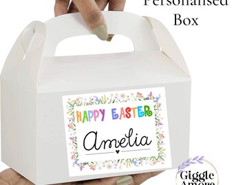Personalised Easter Sticker or box Gold White Box Bag Birthday Party Gift Favour Activity Food zebra Lion Giraffe Elephant