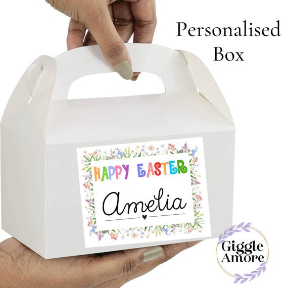 Personalised Easter Sticker or box Gold White Box Bag Birthday Party Gift Favour Activity Food zebra Lion Giraffe Elephant