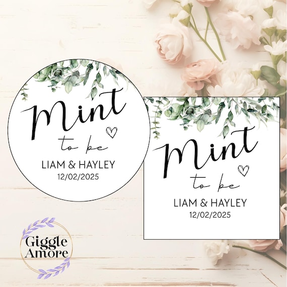 Personalised Mint To Be Wedding Stickers - labels for mints - Green eucalyptus botanical - mint wedding favours