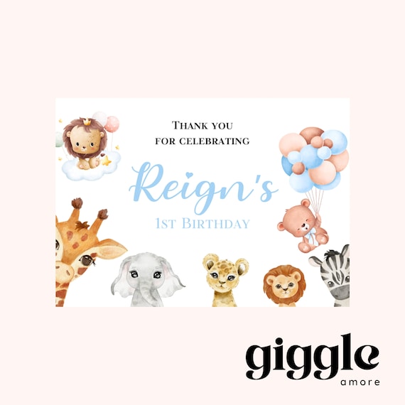 Personalised Party Jungle Safari Theme Stickers Gold White Box Bag Birthday Party Gift Favour Activity Food zebra Lion Giraffe Elephant
