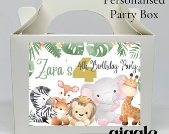 Personalised Party Jungle Safari Theme Stickers Gold White Box Bag Birthday Party Gift Favour Activity Food zebra Lion Giraffe Elephant