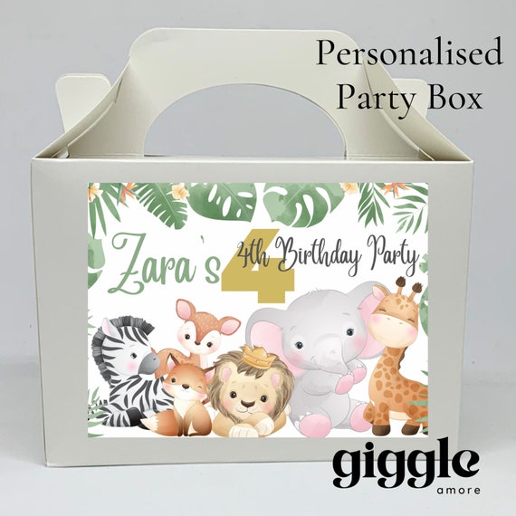 Personalised Party Jungle Safari Theme Stickers Gold White Box Bag Birthday Party Gift Favour Activity Food zebra Lion Giraffe Elephant