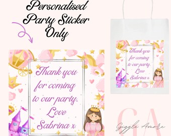 Personalised Party Princess Pink Purple Theme Stickers White Box Bag Birthday Party Gift Favour Activity Food