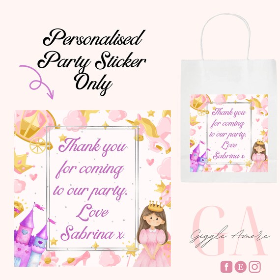 Personalised Party Princess Pink Purple Theme Stickers White Box Bag Birthday Party Gift Favour Activity Food