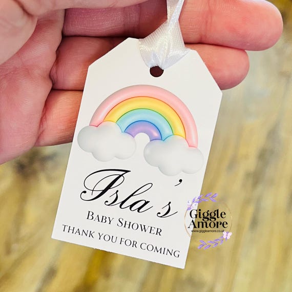 10 x Personalised Baby Shower Tags Gift Tags Thank You Tag Balloons Rainbow Favours