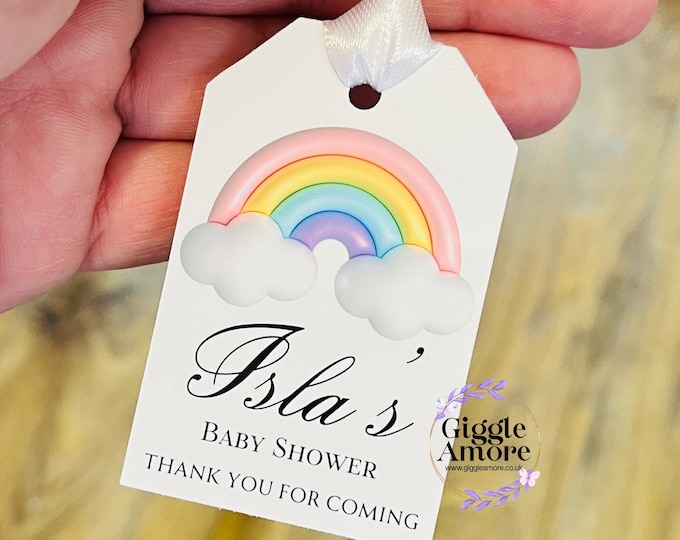 Featured listing image: 10 x Personalised Baby Shower Tags Gift Tags Thank You Tag Balloons Rainbow Favours