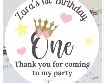 Personalised Party Stickers, Crown Theme, Thank you for coming, Labels, Kids, Self Adhesive, Printed, Personalized, Birthday.