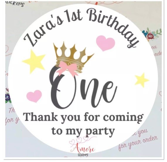 Personalised Party Stickers, Crown Theme, Thank you for coming, Labels, Kids, Self Adhesive, Printed, Personalized, Birthday.