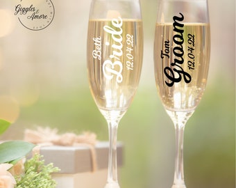 Personalised Bride Groom Bridesmaid champagne flute, wedding titles, maid of honour with date glass
