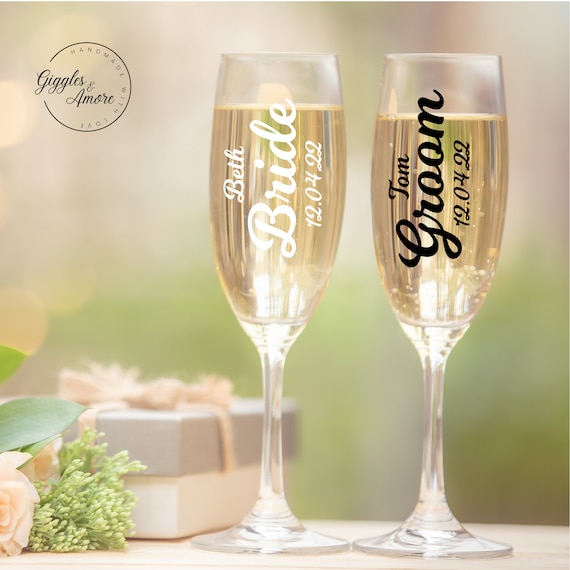 Personalised Bride Groom Bridesmaid champagne flute, wedding titles, maid of honour with date glass
