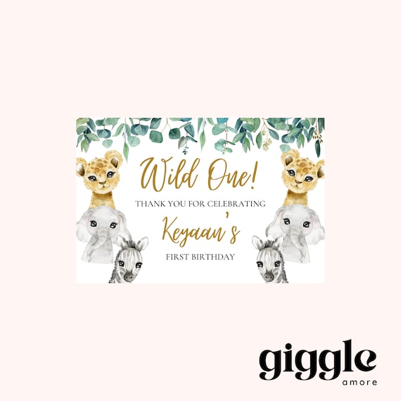 Personalised Party Jungle Safari Theme Stickers Gold White Box Bag Birthday Party Gift Favour Activity Food zebra Lion Giraffe Elephant