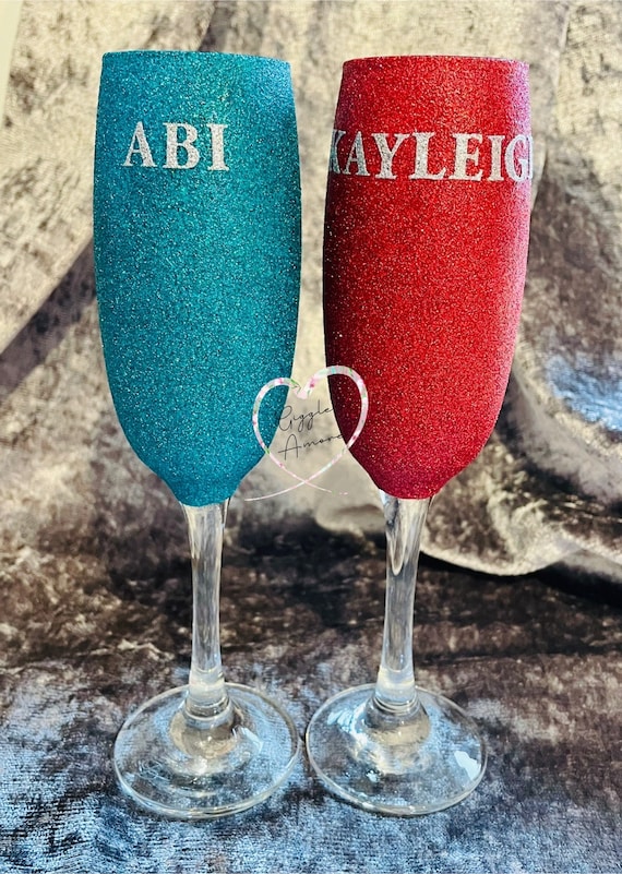 Personalised Glitter Glass Name Champagne Flute Birthday Wedding Hen Party Gift glitter