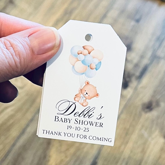 10 x Personalised Baby Shower Tags Gift Tags Thank You Tag Balloons Blue Favours