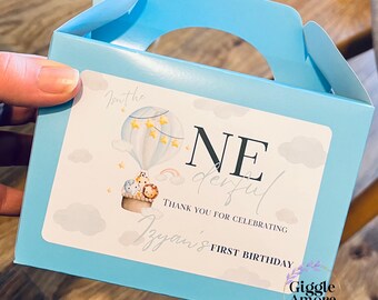 Personalised Party Box Hot Air Balloon Theme Gold White Box Bag Birthday Party Gift Favour First Food zebra Lion Giraffe Elephant Blue