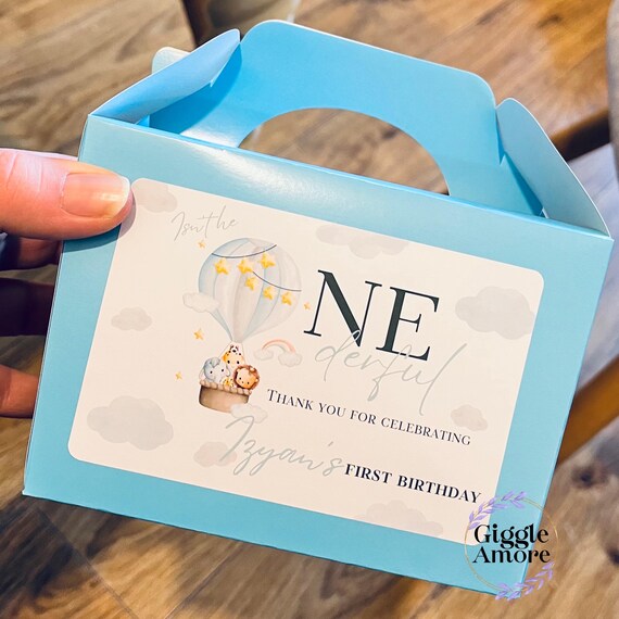 Personalised Party Box Hot Air Balloon Theme Gold White Box Bag Birthday Party Gift Favour First Food zebra Lion Giraffe Elephant Blue