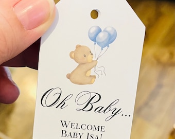 10 x Personalised Baby Shower Tags Gift Tags Thank You Tag Balloons Blue Favours