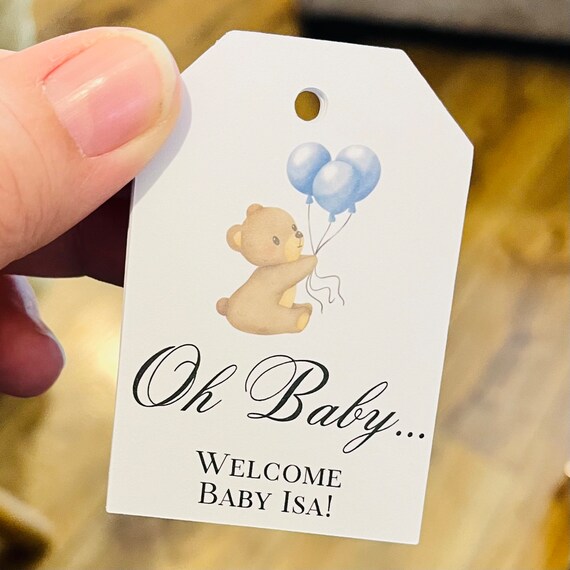 10 x Personalised Baby Shower Tags Gift Tags Thank You Tag Balloons Blue Favours