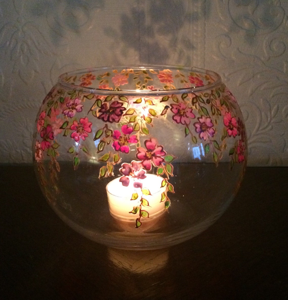 Pink Floral Bowl Glass Candle Bowl Hand Painted Glass Bowl Etsy