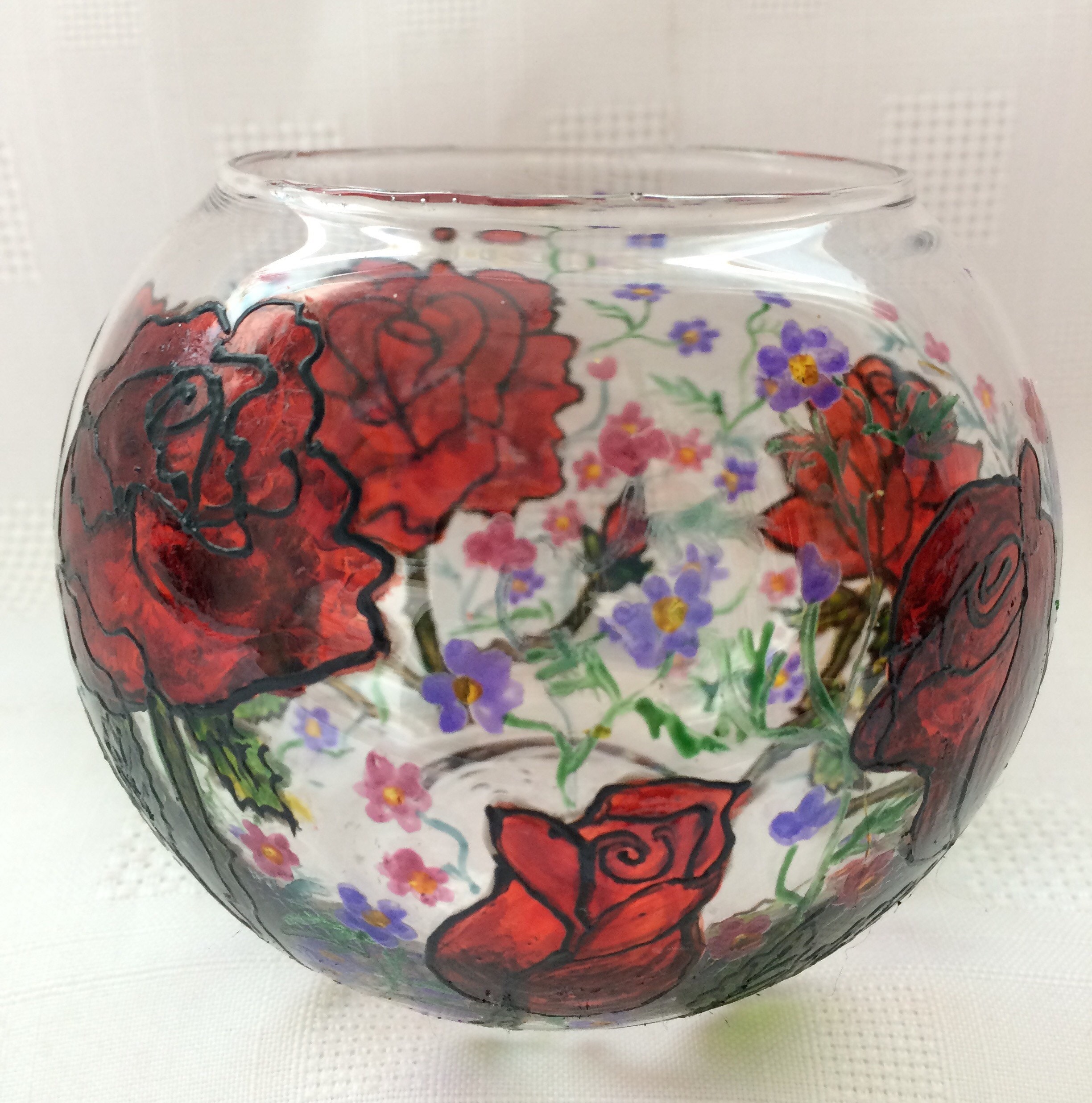 Floral Bowl Red Rose Candle Bowl Hand Painted Glass Bowl Etsy UK