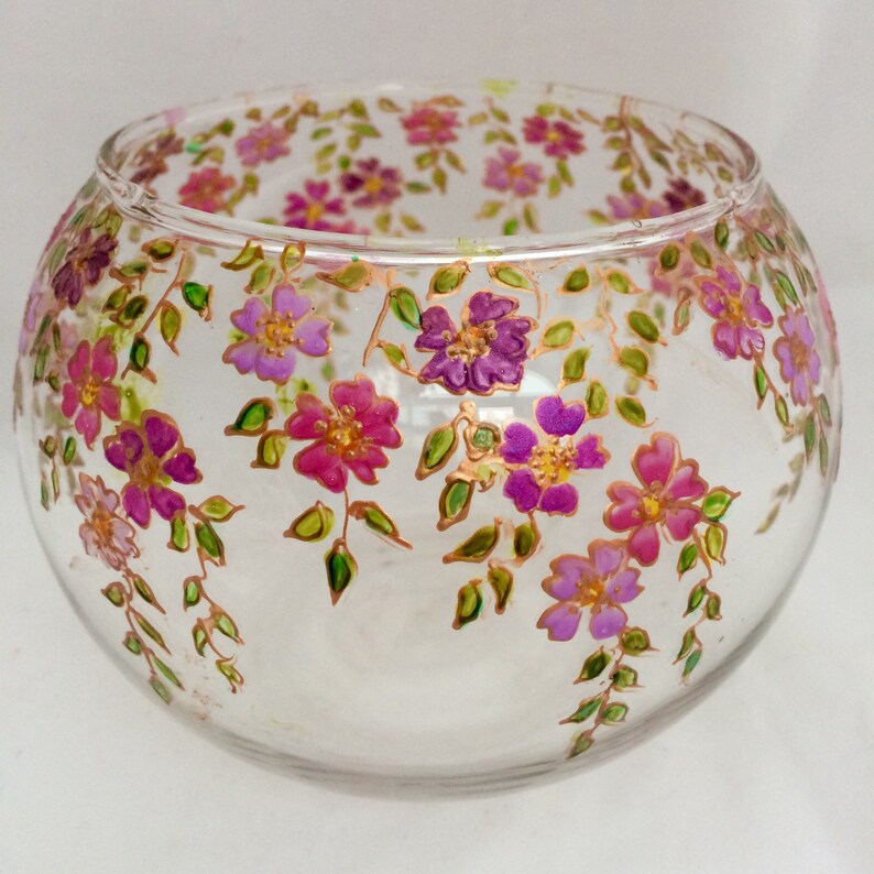 Pink Floral Bowl Glass Candle Bowl Hand Painted Glass Bowl Etsy