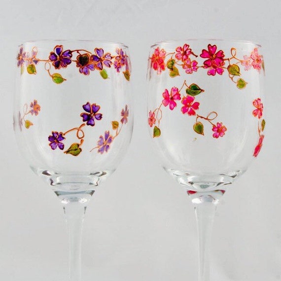 Painted Floral Wine Glass