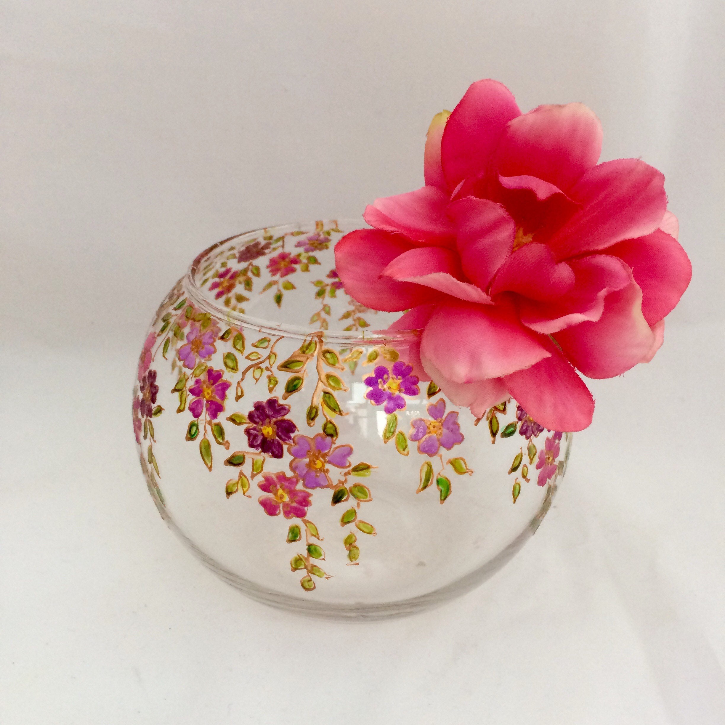 Pink Floral Bowl Glass Candle Bowl Hand Painted Glass Bowl Etsy