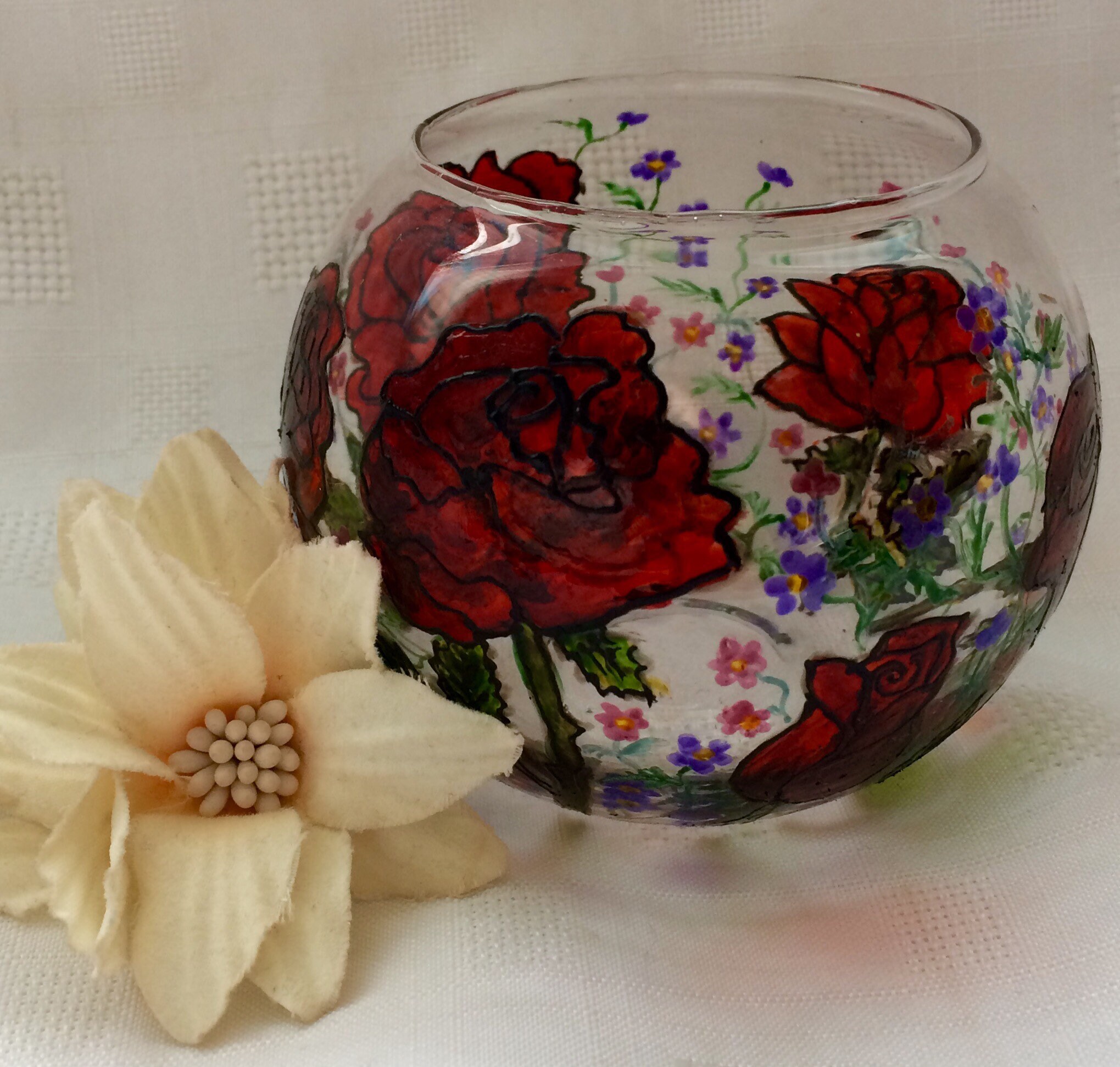 Floral Bowl Red Rose Candle Bowl Hand Painted Glass Bowl Etsy UK