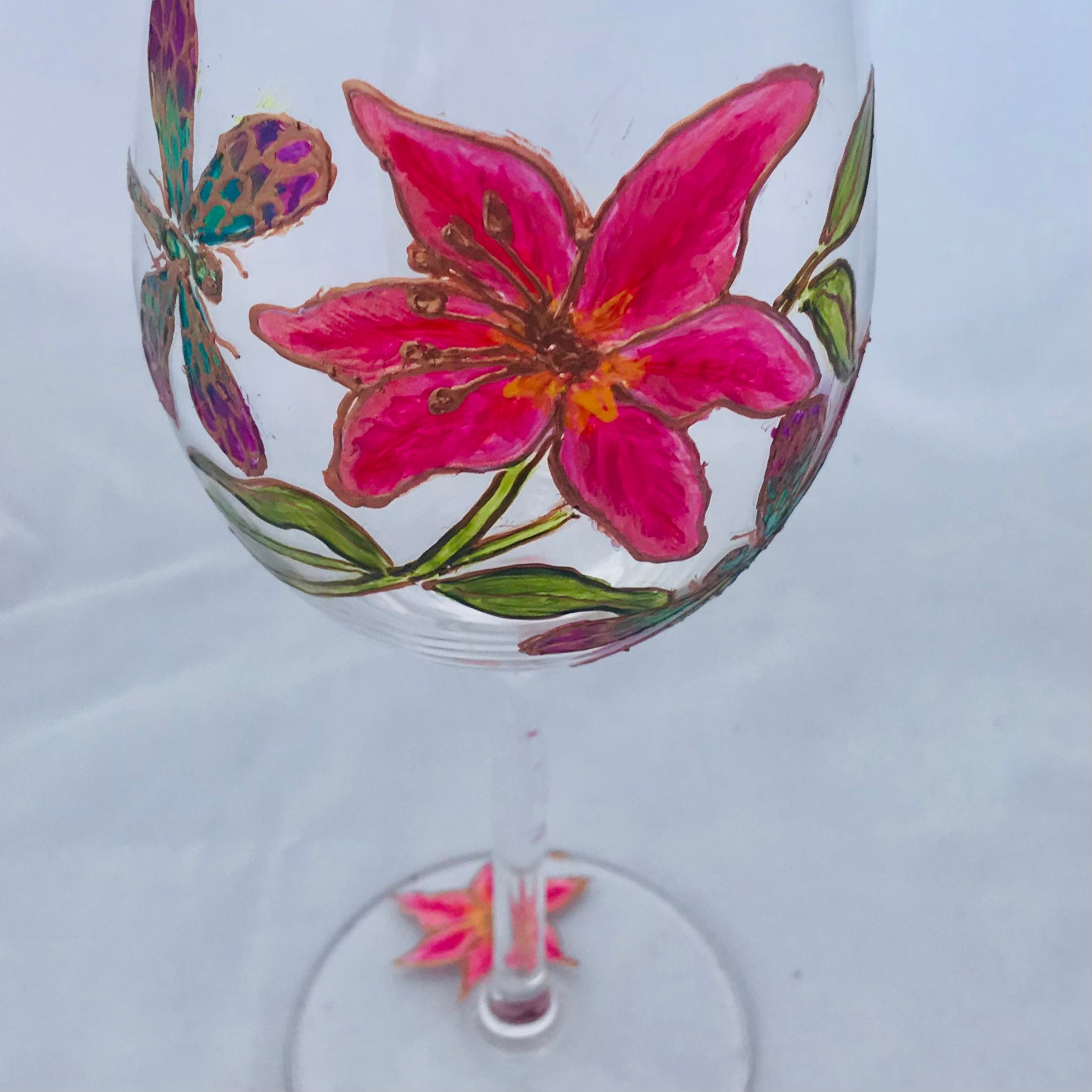 Lily Wine Glass Hand Painted Glass Pink Lily Floral Etsy