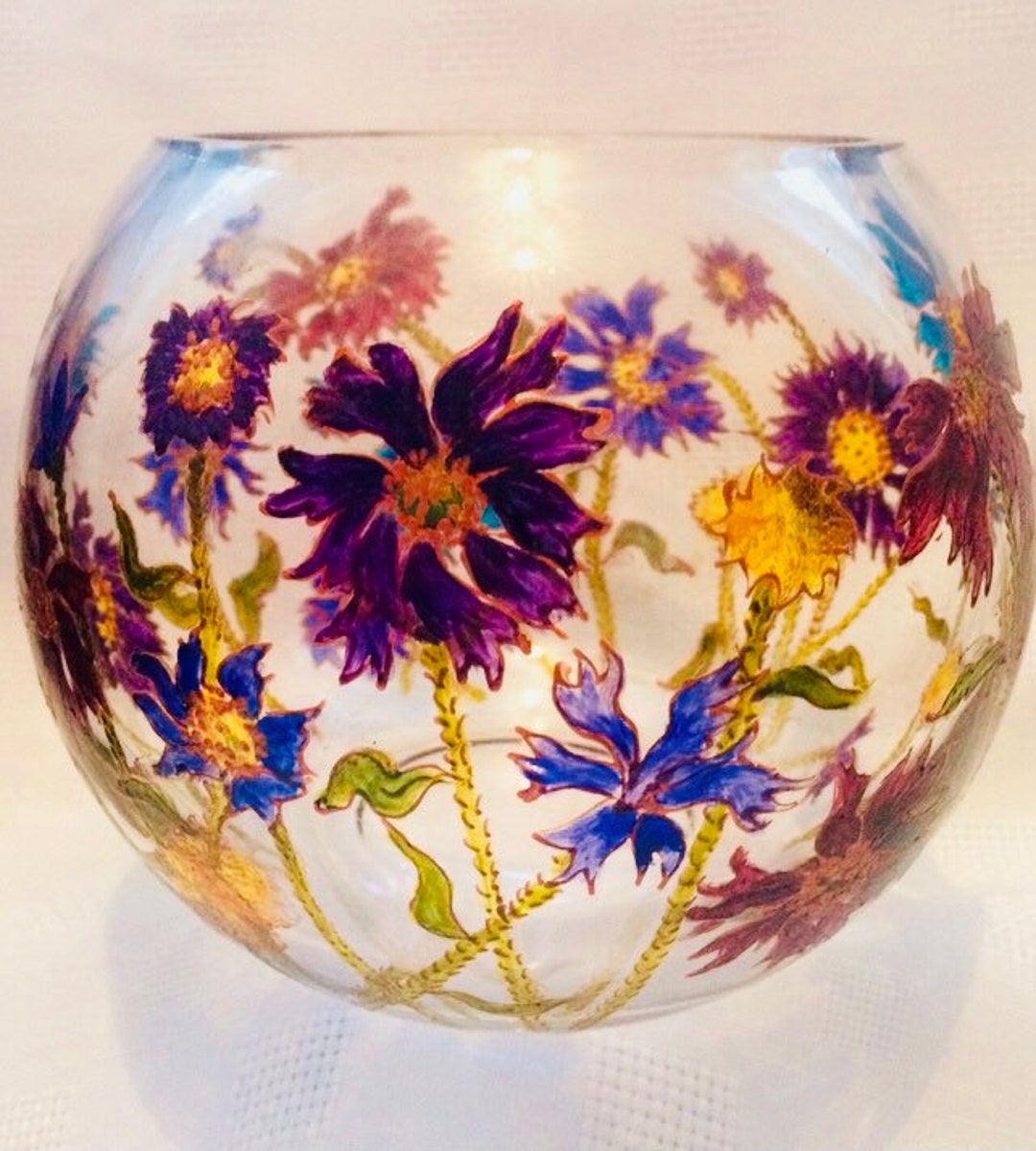 Cornflower Bowl Hand Painted Glass Bowl Mixed Floral Bowl Etsy