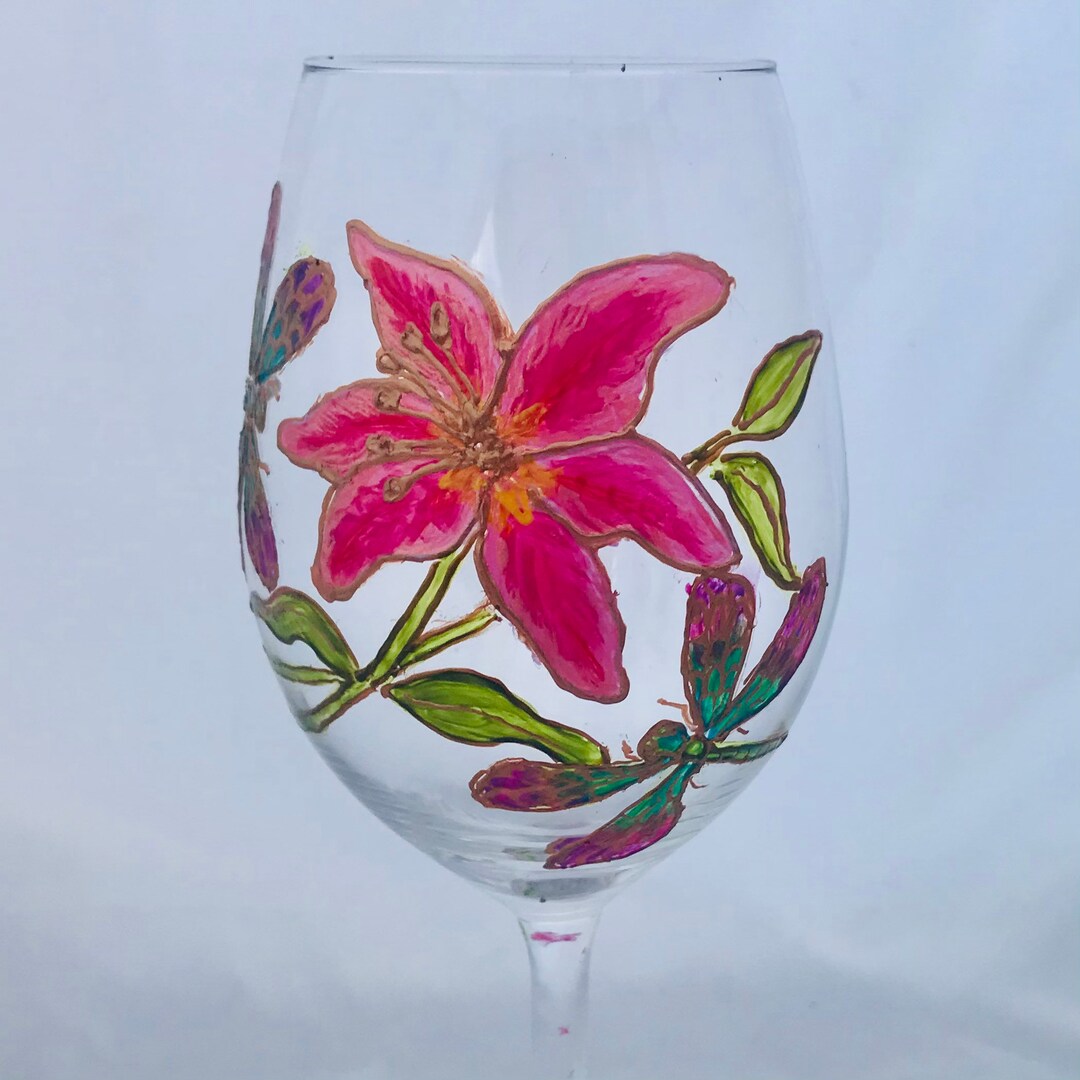 Lily Wine Glass Hand Painted Glass Pink Lily Floral Etsy