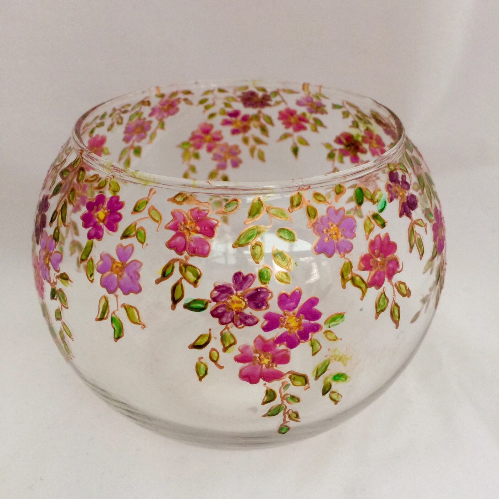 Pink Floral Bowl Glass Candle Bowl Hand Painted Glass Bowl Etsy