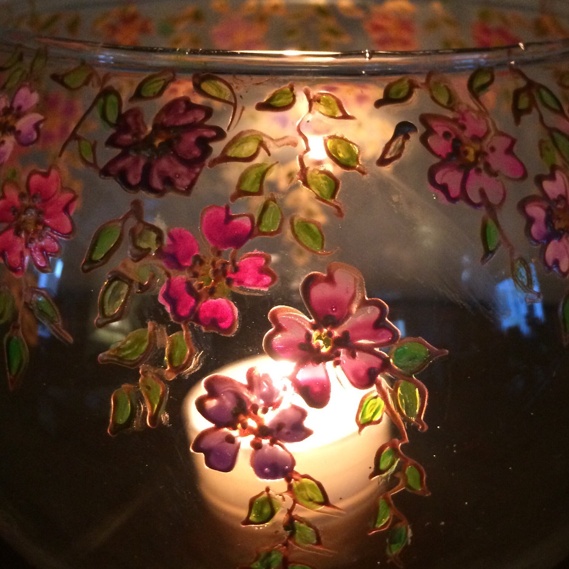 Pink Floral Bowl Glass Candle Bowl Hand Painted Glass Bowl Etsy