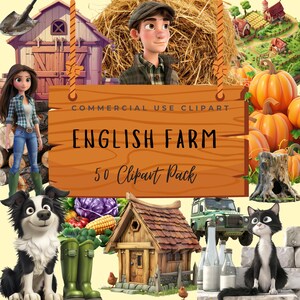 May include: A digital illustration featuring a wooden sign that reads "ENGLISH FARM 50 Clipart Pack." The image includes cartoon characters, a barn, pumpkins, a dog, a cat, a house, and other farm-related elements.