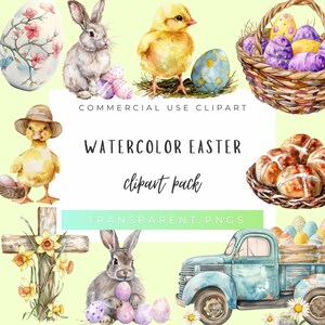 Clipart de Pascua en acuarela, 300 dpi, transparente, png, uso comercial, planificador, compañero, tarjeta, pollito, huevos, conejito, cruz, bollos, camión