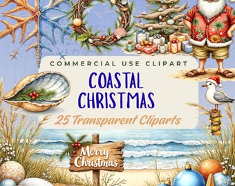 Puede incluir: Una ilustración digital con temática navideña costera. La imagen presenta a un Papá Noel con una camisa hawaiana, un árbol de Navidad, conchas marinas y un letrero que dice "Merry Christmas". También se incluye el texto "Coastal Christmas" y "25 Transparent Cliparts".