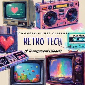 May include: A collection of retro tech clipart illustrations. Includes a pink boombox, vintage televisions, a cassette tape, and a video game controller. The text "RETRO TECH" and "12 Transparent Cliparts" are also visible.