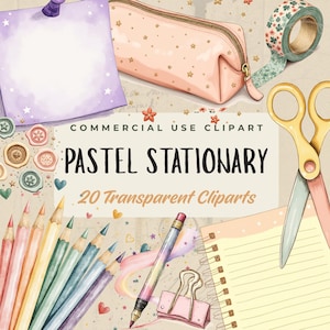 May include: A collection of pastel-colored stationery items, including pencils, a pencil case, washi tape, scissors, a notepad, and a pen. The image features the text "PASTEL STATIONARY" and "20 Transparent Cliparts".